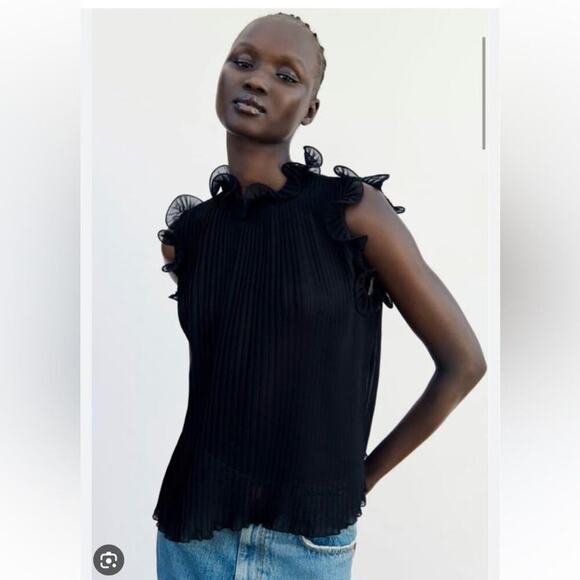 Zara Black Pleated Fabric Blouse Size Extra Large XL - Picture 1 of 6